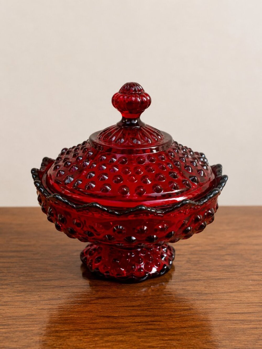 Fenton Ruby Red Hobnail Candy Dish Box Lid Vintage Amberina Glass 6.75" - Picture 1 of 14